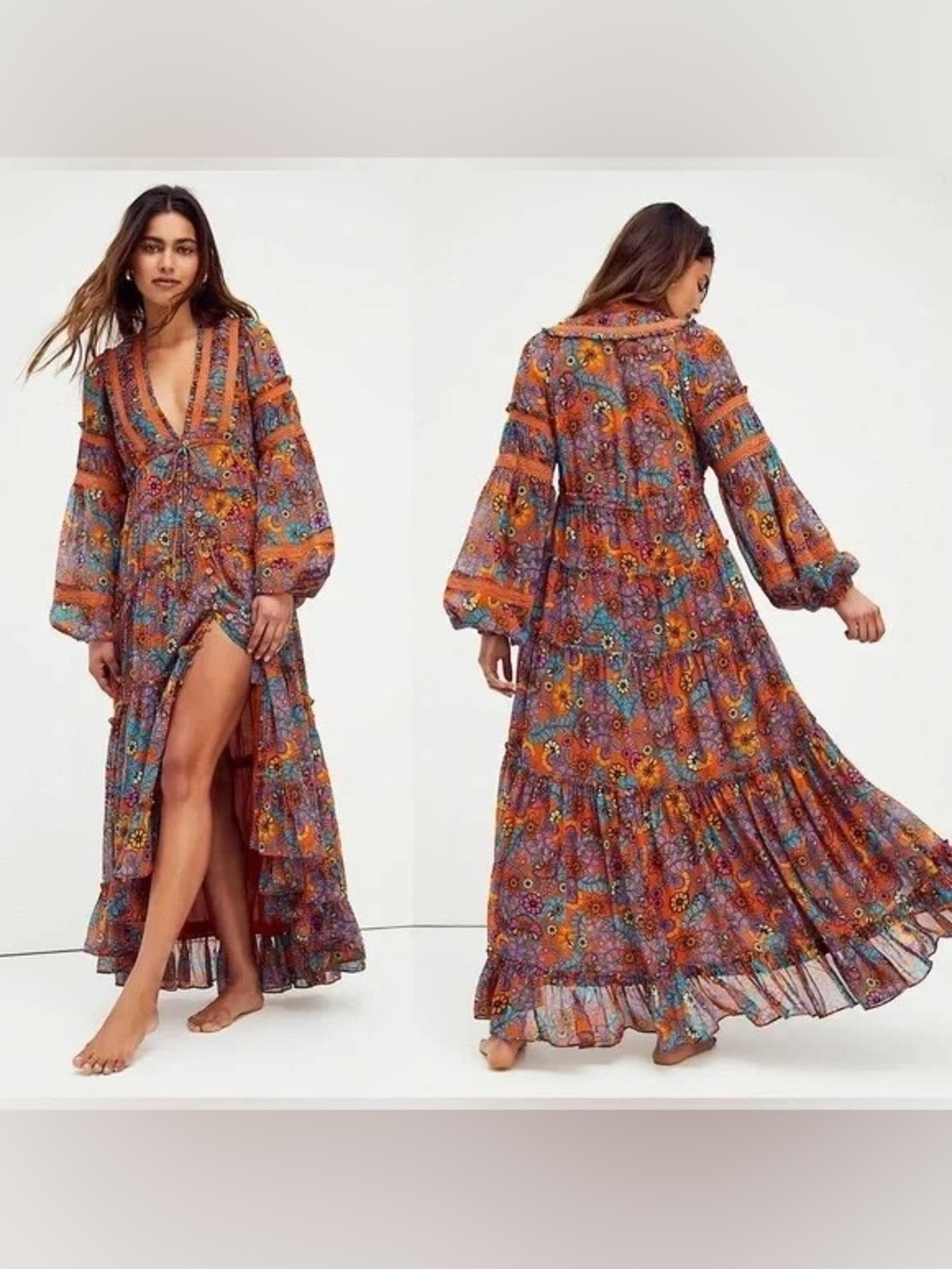 Free People Floral Patchwork Maxi Dress — Orange, Teal, Purple